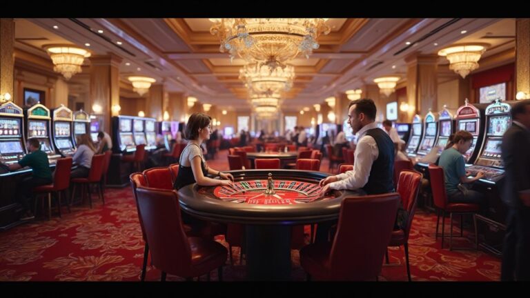 Interior de un casino con máquinas tragamonedas y una pareja en una mesa de ruleta