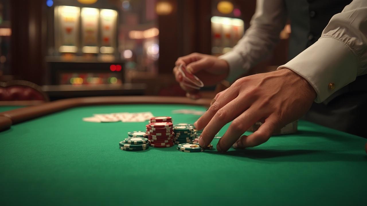 Manos de un jugador apostando fichas en una mesa de casino verde