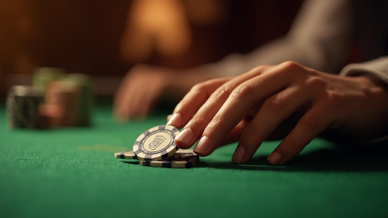 Manos sobre fichas de casino, apostando en una mesa de póquer