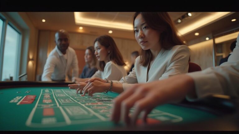 Varias personas jugando en una mesa de juego en un elegante casino