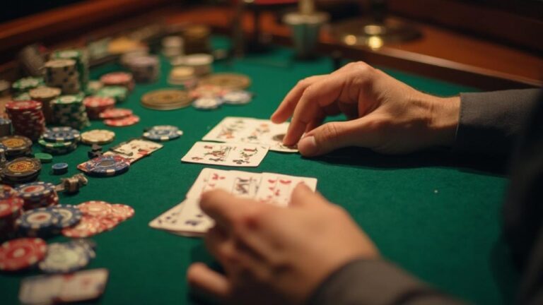 Manos de jugadores barajando cartas en una mesa de juego en un casino