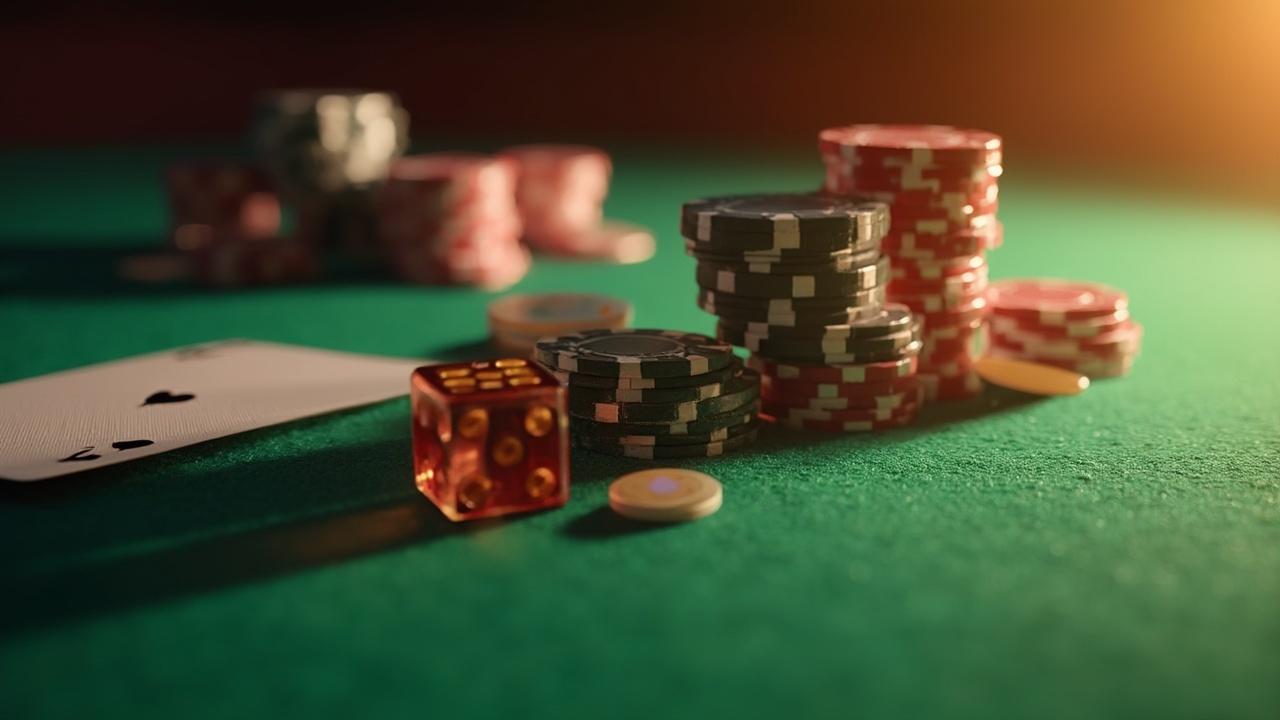 Imagen de una mesa de casino con fichas de póquer y dados rojos