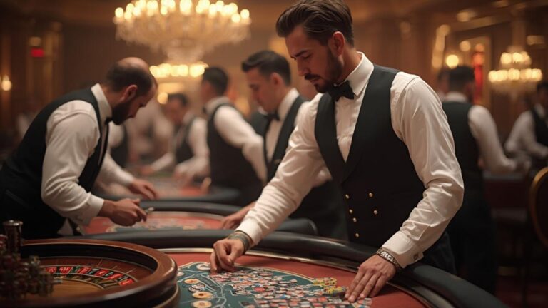 Hombres en traje jugando a la ruleta en un lujoso casino