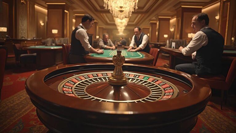 Imagen de una mesa de ruleta en un elegante casino con jugadores